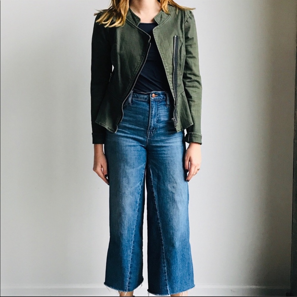 Free People Olive Denim Moto Jacket Peplum Size 4